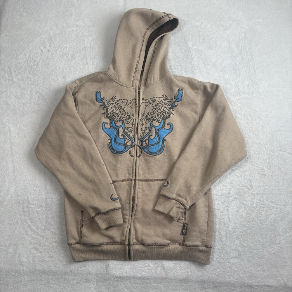 Y2K Silver Point Tan Full Zip Long Sleeve Hoodie Guitar Flames Phoenix Women's L